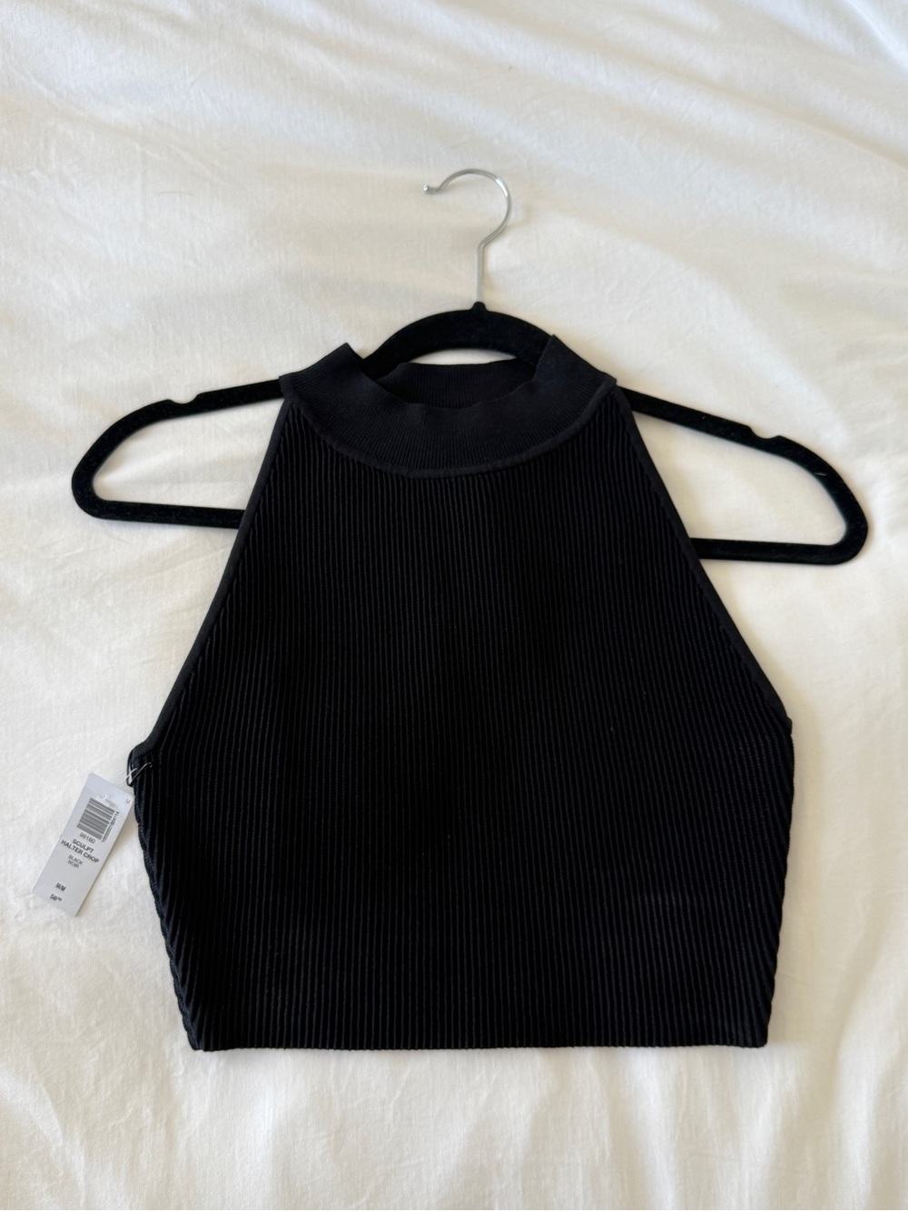 Babaton Black Ribbed Mock Neck Halter Crop